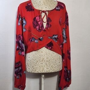 Band of The Free Crop Top Floral Scallop Tie Front Long Sleeve Smocked Size L